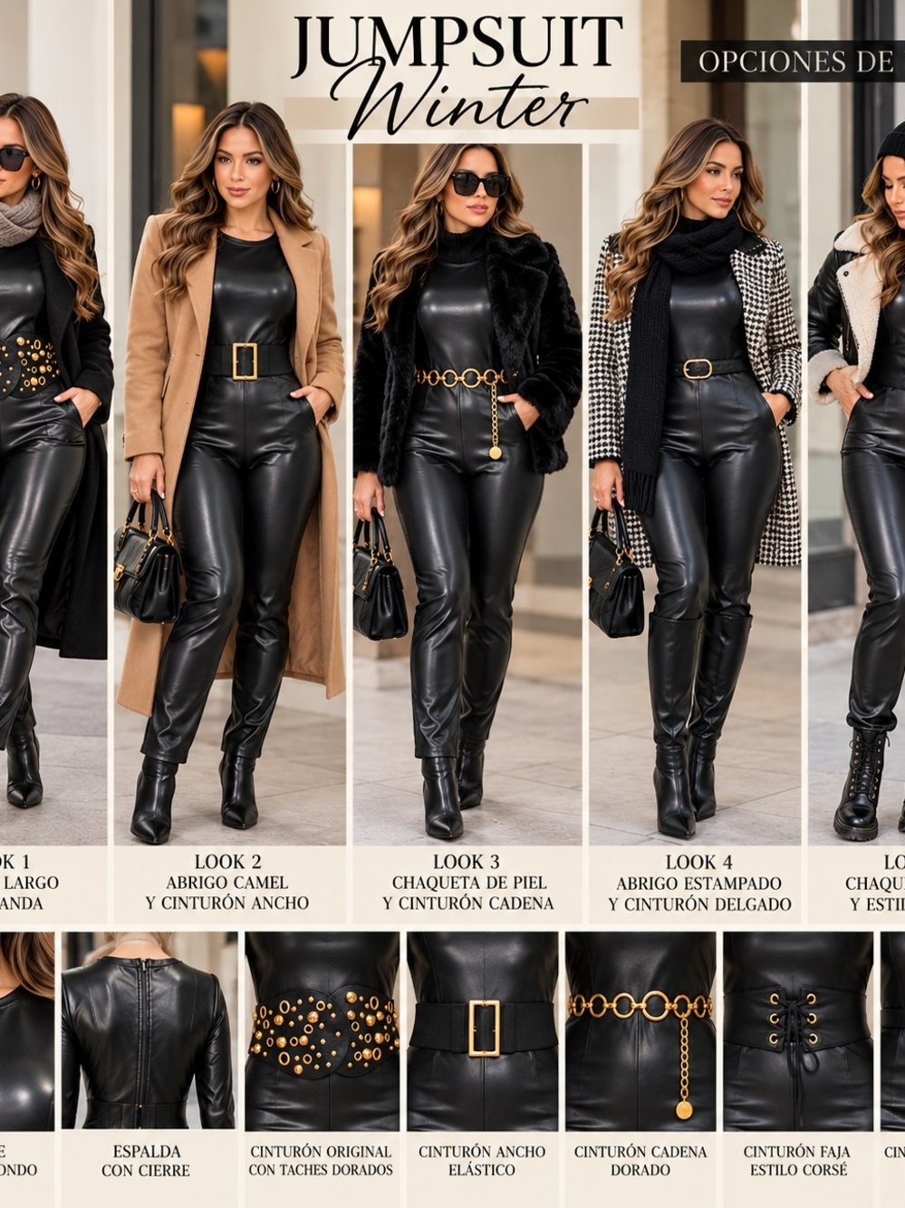 Black Faux-Leather Long-Sleeve Jumpsuit with High Neck